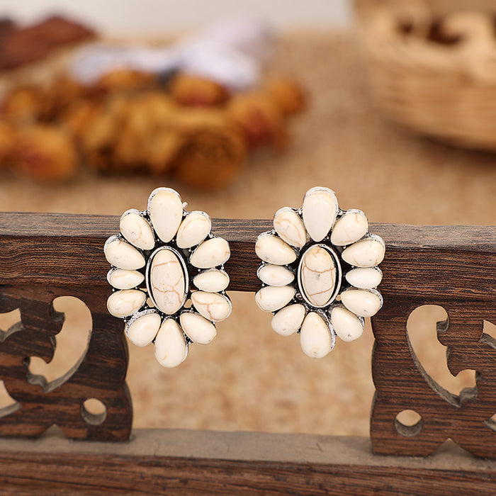 Wholesale Fashionable new alloy turquoise oil painting earrings with geometric flowers, exaggerated earrings, personalized and creative earrings