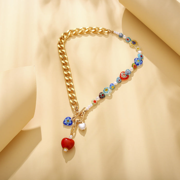 Wholesale Glass heart necklace, elegant personality, pearl collarbone necklace accessory