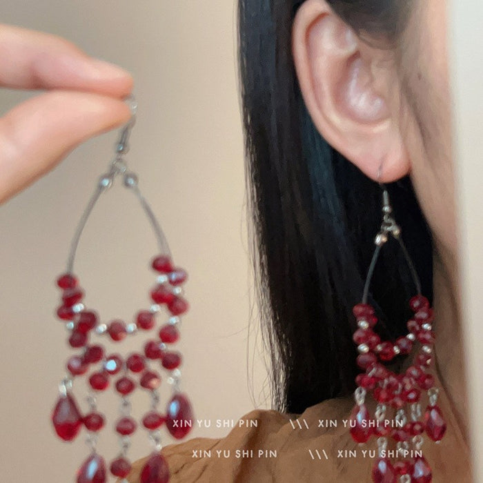 Wholesale Vintage beaded tassel earrings, niche, atmospheric, fashionable, exaggerated earrings, long earrings for women