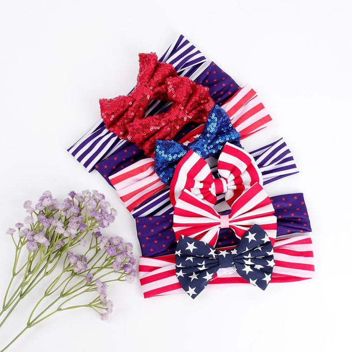 Wholesale 50PCS American Independence Day Baby Print Sequin Bow Wide Border Fabric Headband JDC-HD-XiuG001