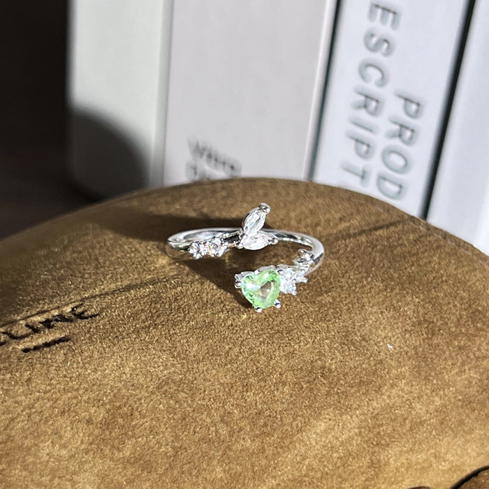 Wholesale Temperament Light Green Zircon Open Ring, niche design, exquisite layering, high-end feeling, light luxury ring