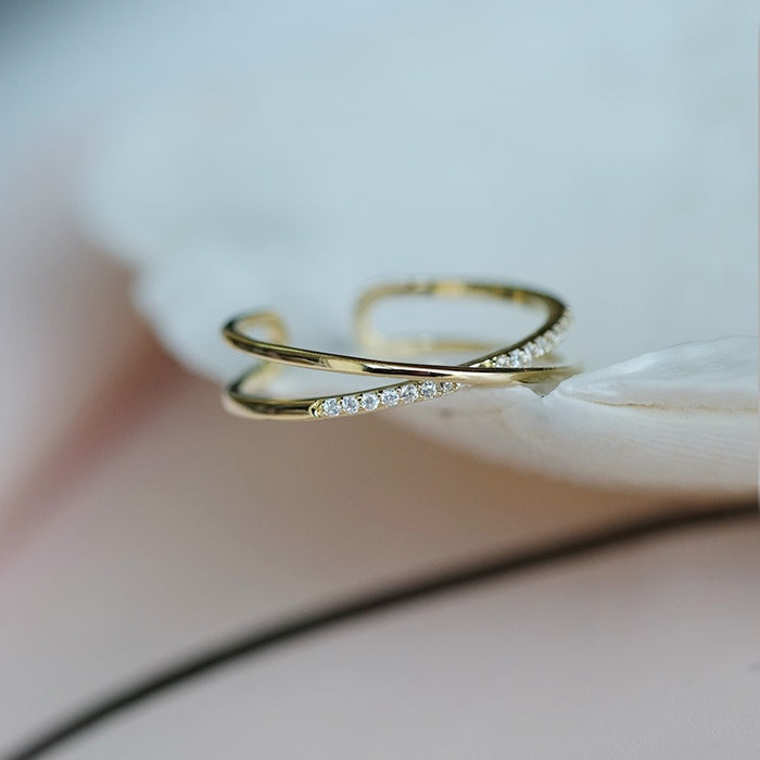 Wholesale Pure silver gold-plated niche personalized design, three-dimensional cross set diamond adjustable index finger ring ring