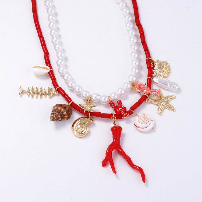 Wholesale Imitation Pearl Double Layer Stacked Wear Starfish Necklace