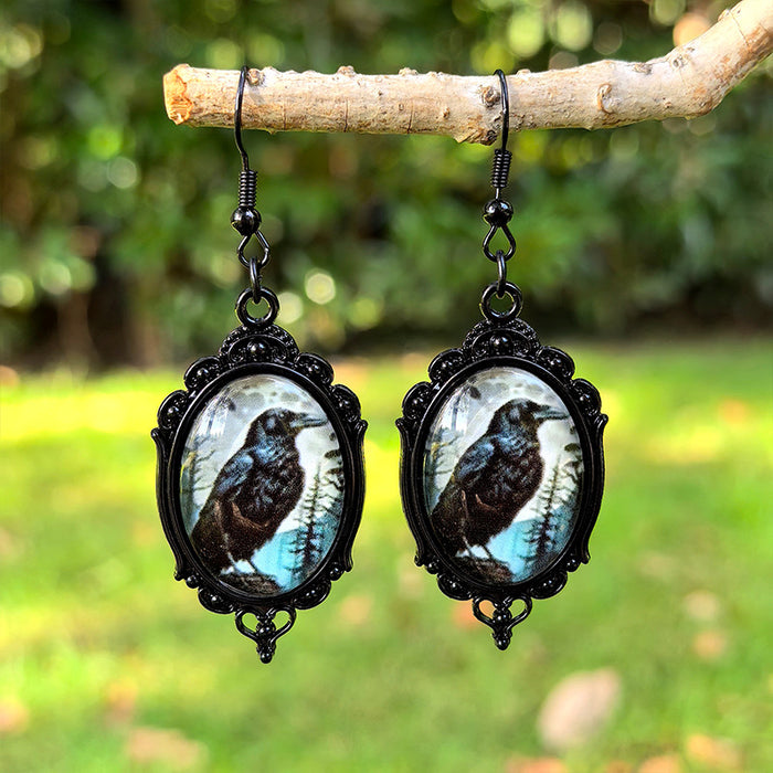 Wholesale  Black Crow Time Gemstone Pendant Earrings Gothic Dark Series Ear Jewelry