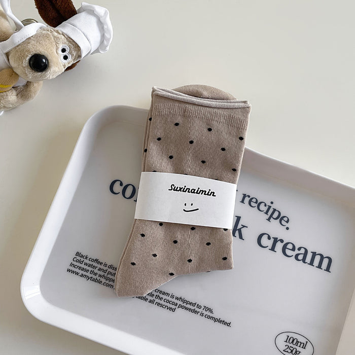 Wholesale Sweat absorbing and breathable socks with polka dot rolled edges, mid tube socks, stacked socks