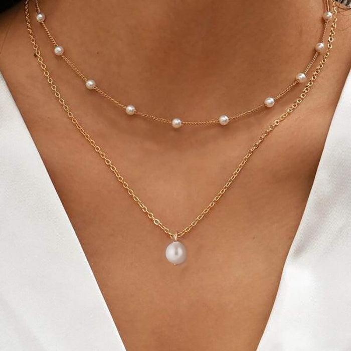 Wholesale Pearl Love Necklace Versatile Multi layer Stacked Collarbone Chain Retro Simple Round Pendant Item Jewelry
