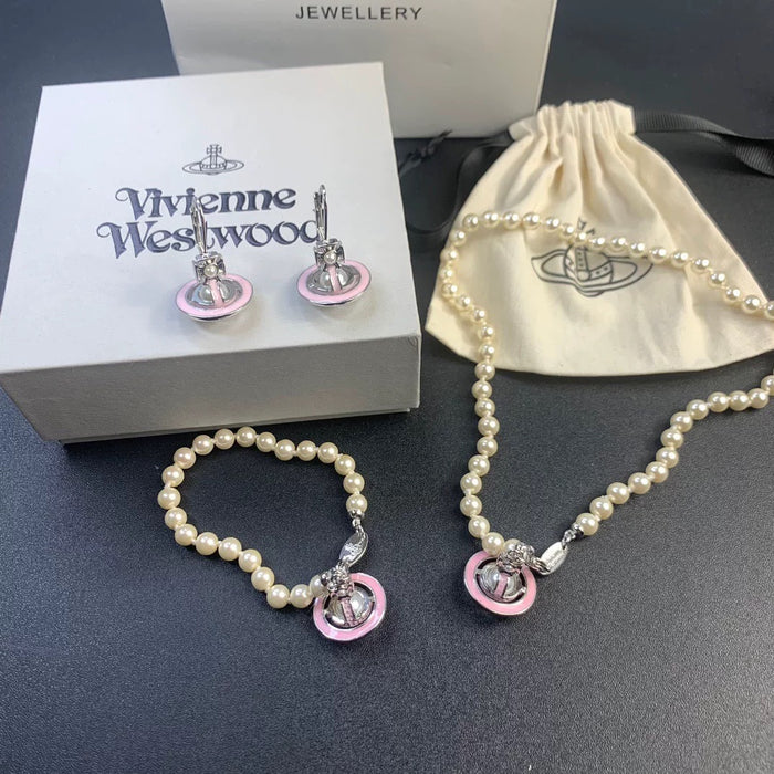 Wholesale Pearl Enamel 3D Saturn Pendant Long Necklace