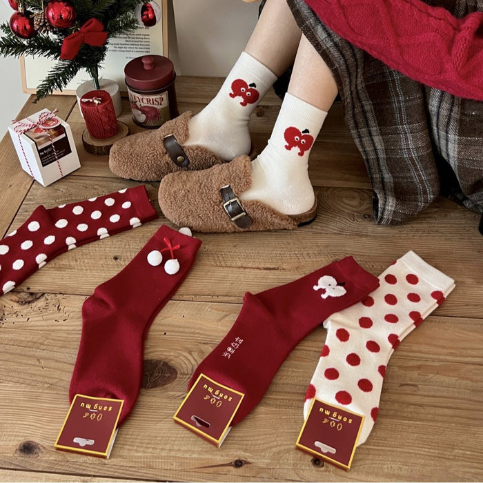 Wholesale Red Socks Children Rabbit Velvet Wave Point Middle Tube Creative