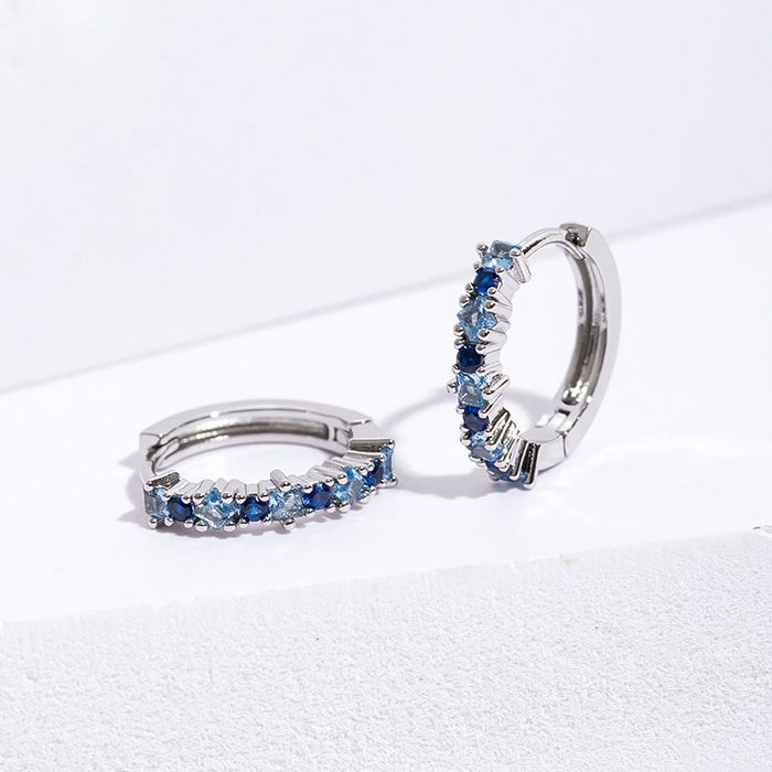 Wholesale Inlaid square blue zircon ear buckle, simple circle ear buckle, trendy accessory