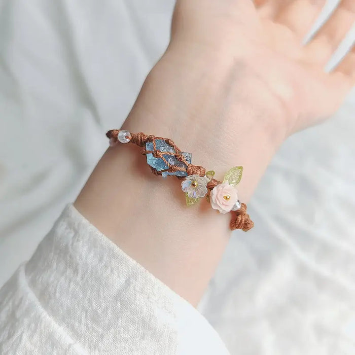 Wholesale Handmade Natural Aquamarine Bracelet with Rope Wrapping Flower Charm Jewelry