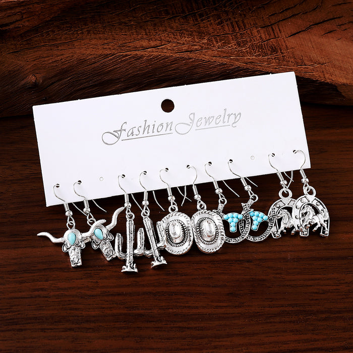Wholesale Western cowboy bull head cactus horseshoe turquoise pendant earrings set earrings gift