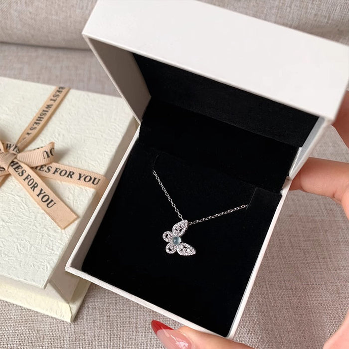 Wholesale Butterfly gemstone necklace with diamond inlay pendant, light luxury titanium steel, colorfast collarbone chain