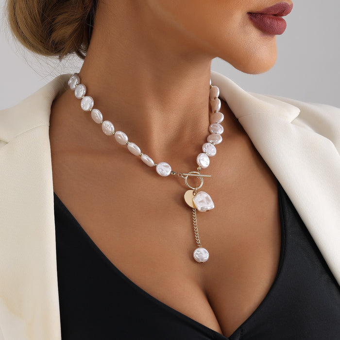 Wholesale Simple single-layer Baroque flat pearl necklace with tassel sweater chain