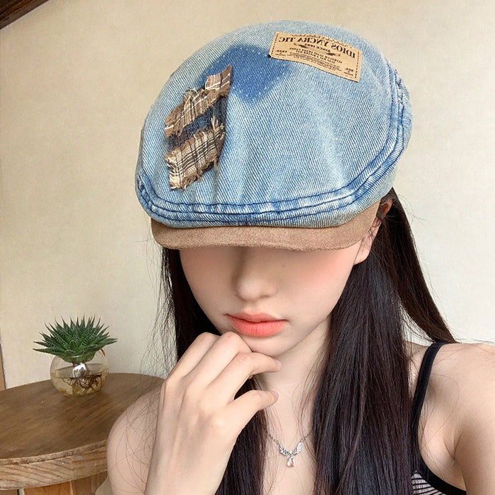 Wholesale Retro washed denim front versatile reverse ducktongue beret hat