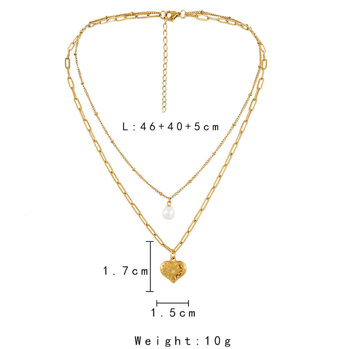 Wholesale New Fashionable and Simple Style Stainless Steel Double layered Love Pearl Pendant Necklace Clavicle Chain Versatile