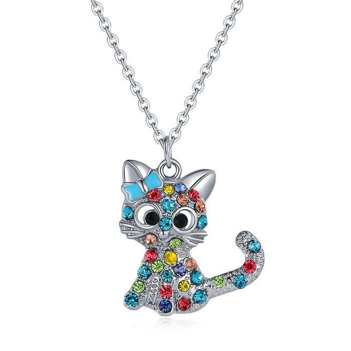 Wholesale Cute colorful cat rhinestone pendant choker necklace