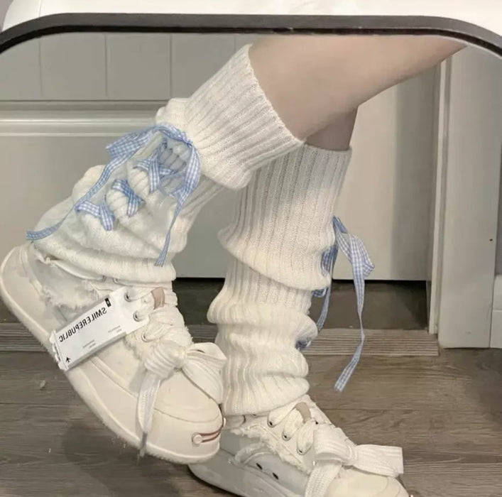 Wholesale Cross tie sock covers, mid tube knitted butterfly leg covers, white stacked socks