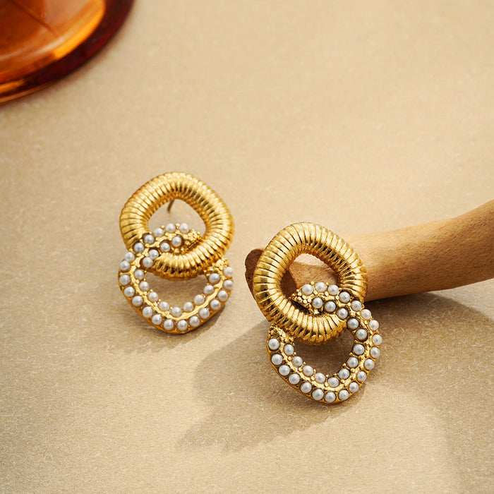 Wholesale Trendy new stainless steel pearl inlaid double-layer pearl earrings that do not fade earrings jewelry