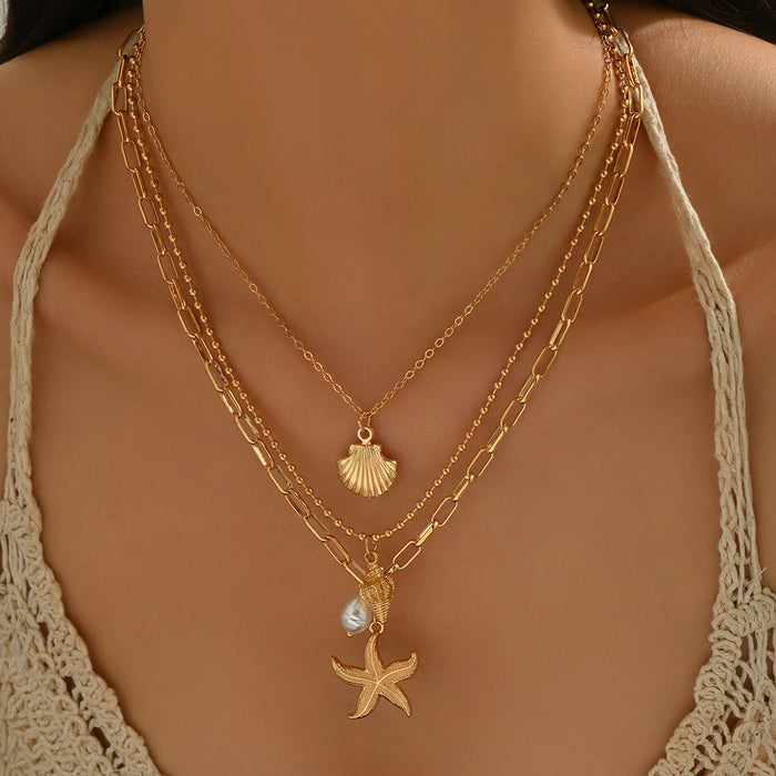 Wholesale Fashionable multi-layer layered metal starfish pendant necklace with conch shell necklace