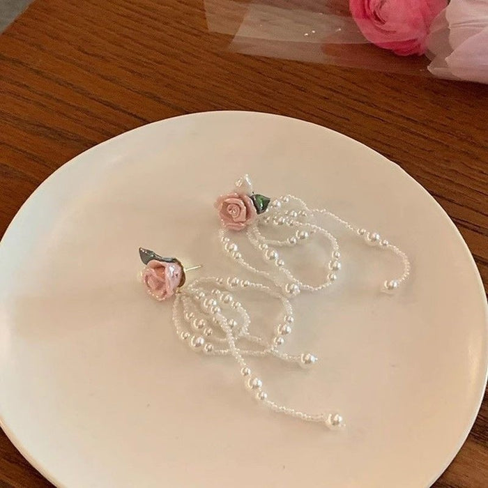 Wholesale Rose long pearl tassel earrings