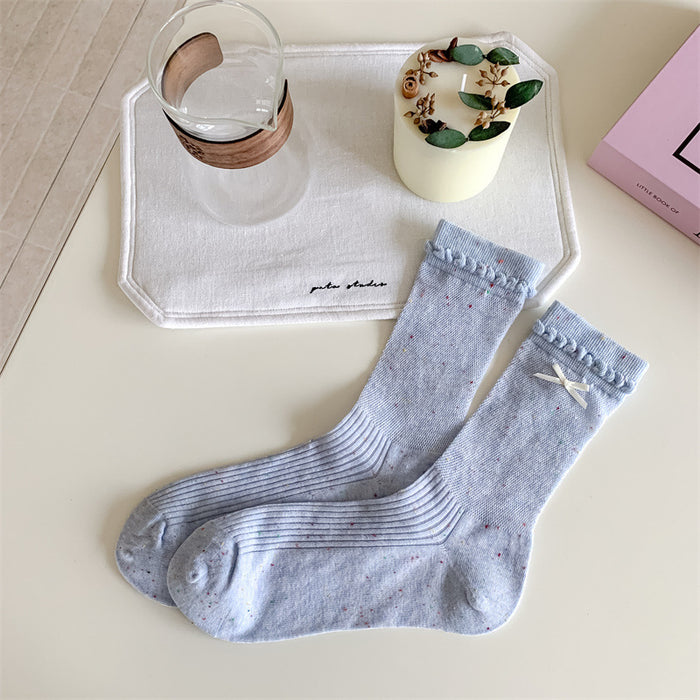 Wholesale Thin socks, butterfly knot yarn pile socks, hollowed out Japanese lace mid tube socks