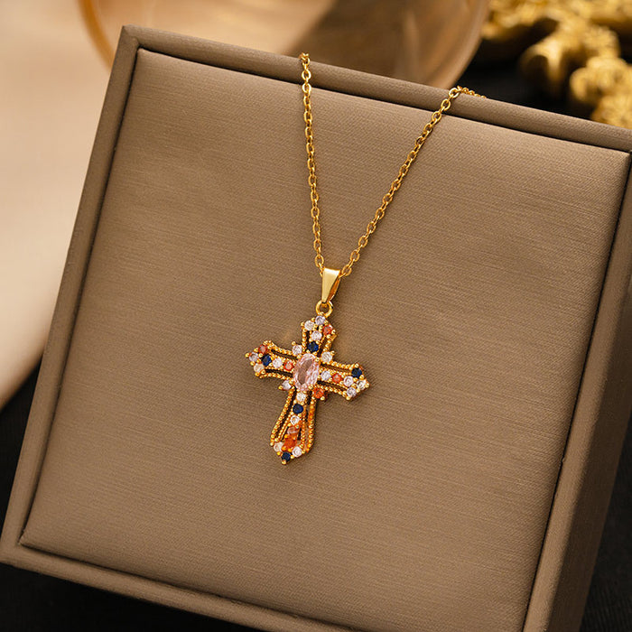 Wholesale Titanium Steel Cross Pendant Necklace Gold Color Zirconium Fashion Accessory MOQ≥2