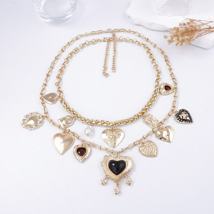 Wholesale Geometric Heart Pendant Double Layer Stacked Distinctive Chain Necklace Earrings Women