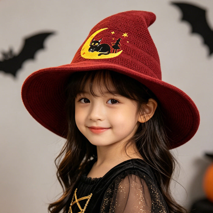 Wholesale Trendy Children' s Witch Hat Knitted Cotton Large Brim Sun Protection Wine Red