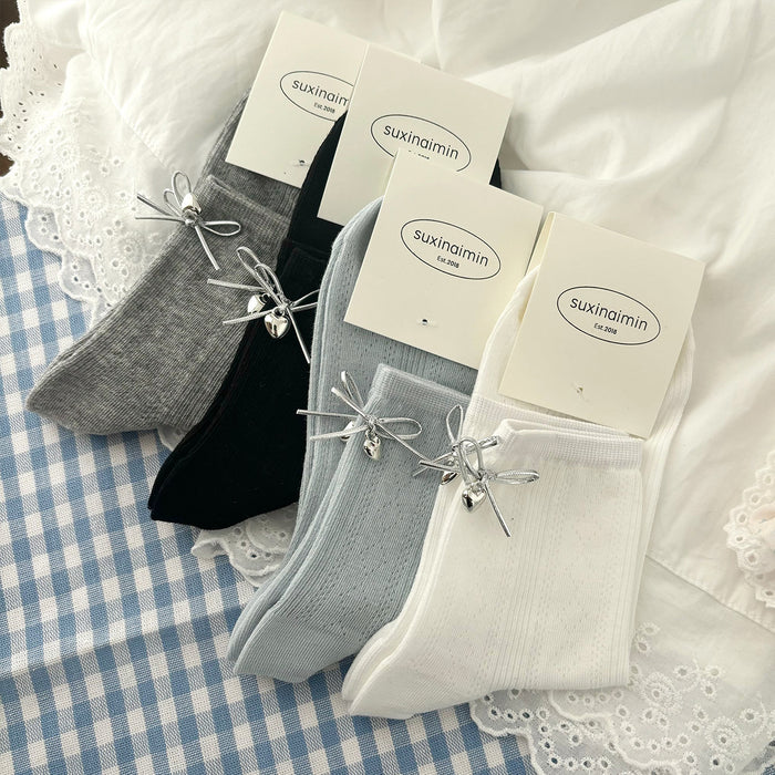 Wholesale Love Silver Wire Bow Middle Socks Breathable Hollow Short Socks