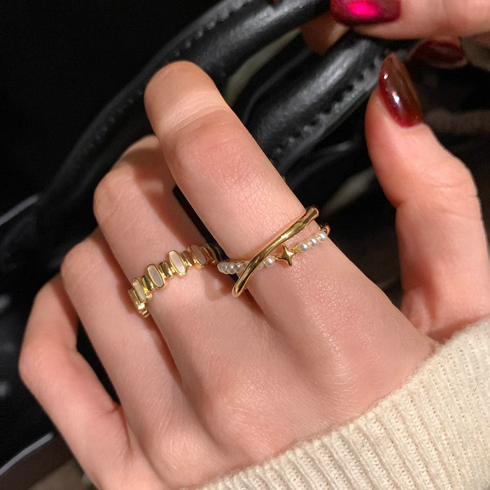 Wholesale Mother of pearl cross ring with adjustable niche design, light luxury, high-end feel, layered ring, index finger ring