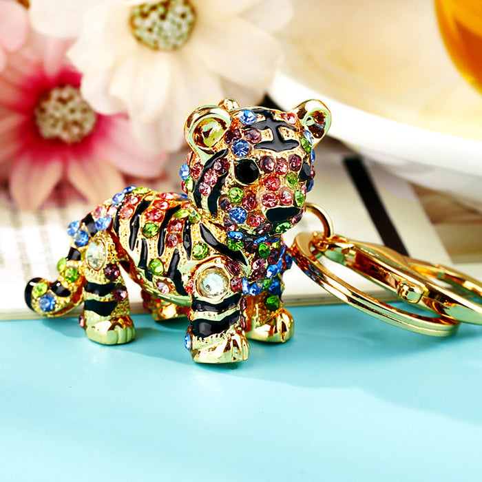 Wholesale Diamond-encrusted three-dimensional Tiger car keychain metal