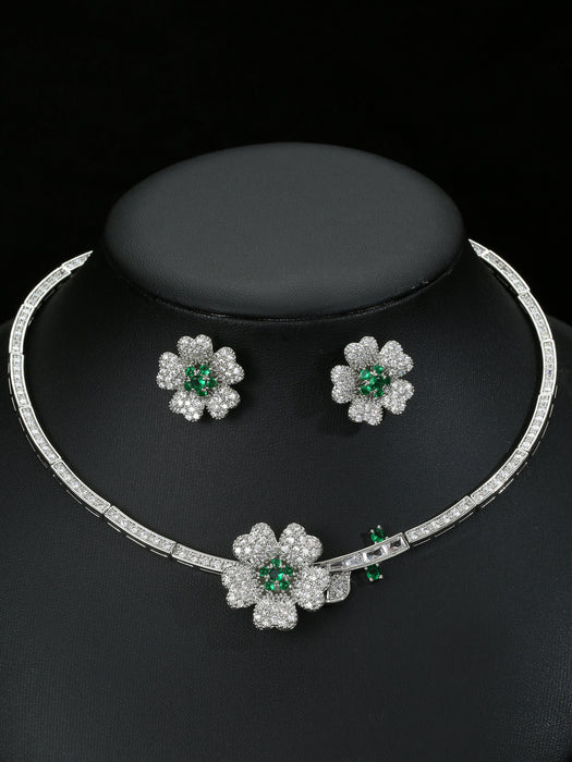 Wholesale Fashion Simple Camellia Zircon Jewelry suit Earrings Necklace suit Accessories