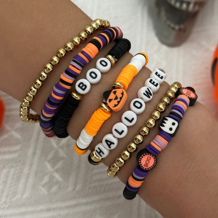 Wholesale Halloween Stacking Bracelet Set with Pumpkin Ghost and Skeleton Beads Jewelry Accessory