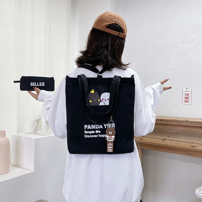 Wholesale Canvas Shoulder Bag Cartoon Bear Two-piece Student Double Back Canvas Bag Crossbody Large Capacity Tote Bag