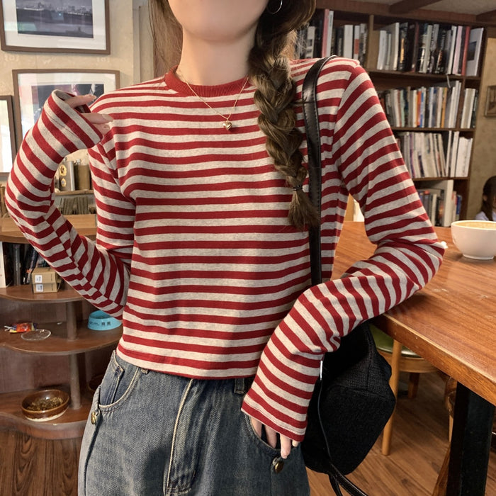 Wholesale Contrast color striped long-sleeved T-shirt women's casual slimming bottoming shirt short top