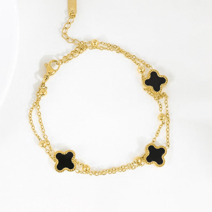 Wholesale [Full Titanium Steel] Non-Fading Four-Leaf Clover Bracelet, Fashionable Double-Layer Chain