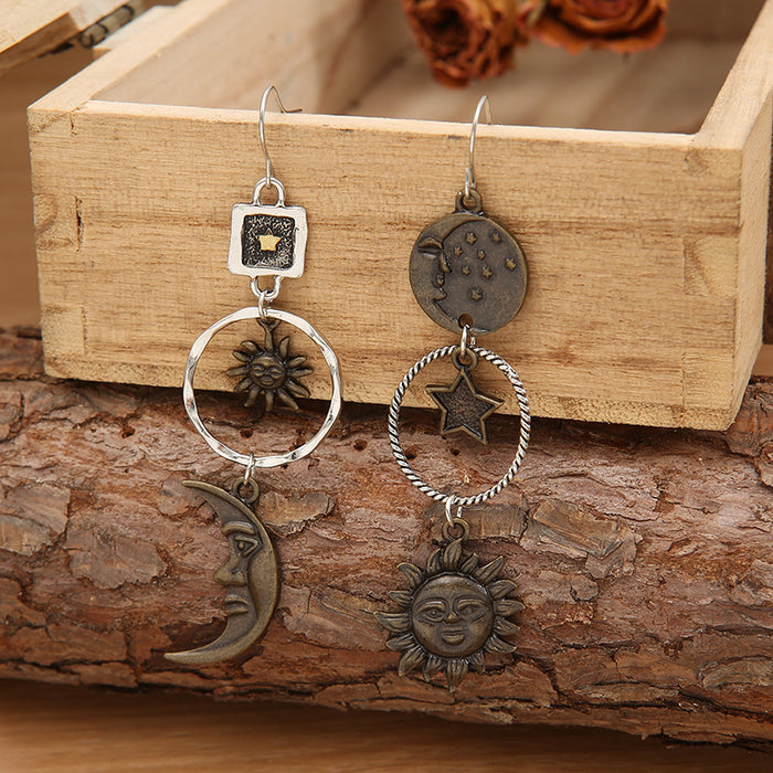 Wholesale Independent Station Retro Pentagram Sun Moon Long Pendant Earrings