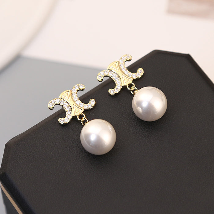 Wholesale New Arc de Triomphe Zircon Pearl Pendant Earrings, Light Luxury, High Grade Silver Needle Earrings, Versatile Charm Earrings