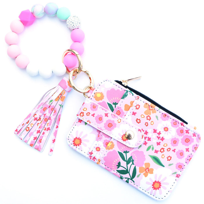 Wholesale PU Women's Leather Coin Purse Card Holder Silicone Wrist Daisy Floral DIY Beaded Women's Keychain