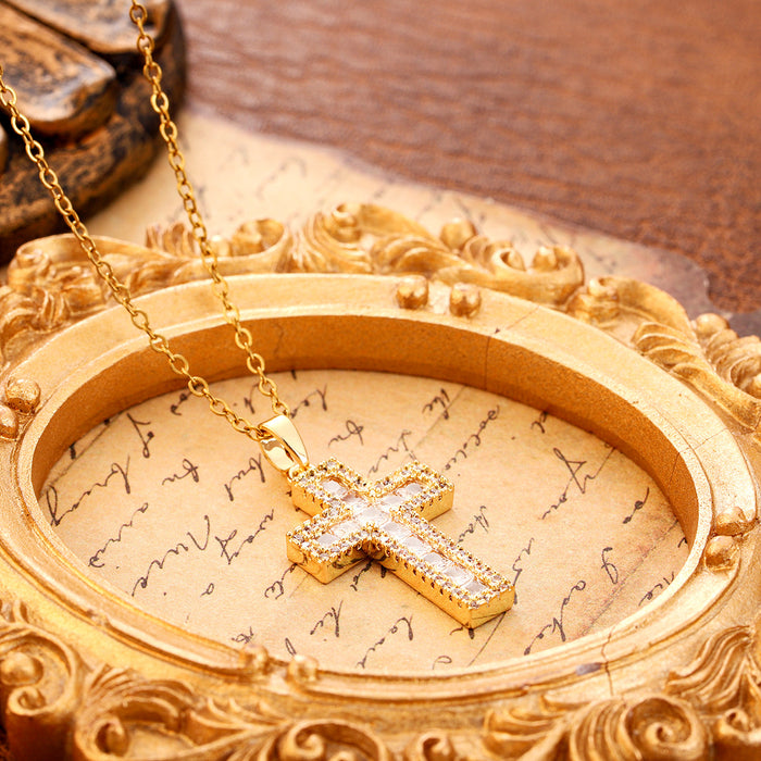 Wholesale Retro punk cross necklace, personalized zircon, niche titanium steel cross pendant, full zirconia collarbone necklace