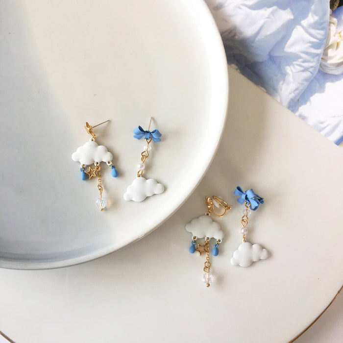 Wholesale Asymmetric bow long earrings with cute ear clips and no ear holes