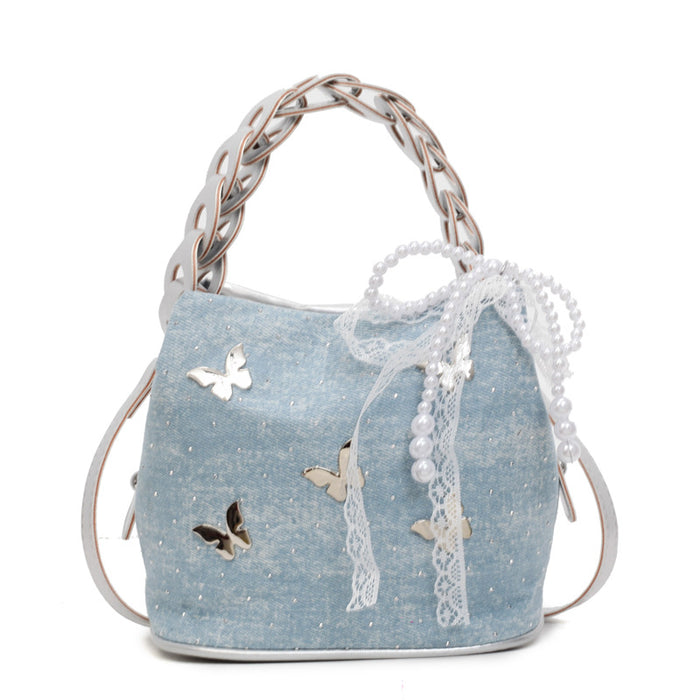 Wholesale Butterfly decoration shoulder crossbody bag, new niche design, drawstring bucket bag