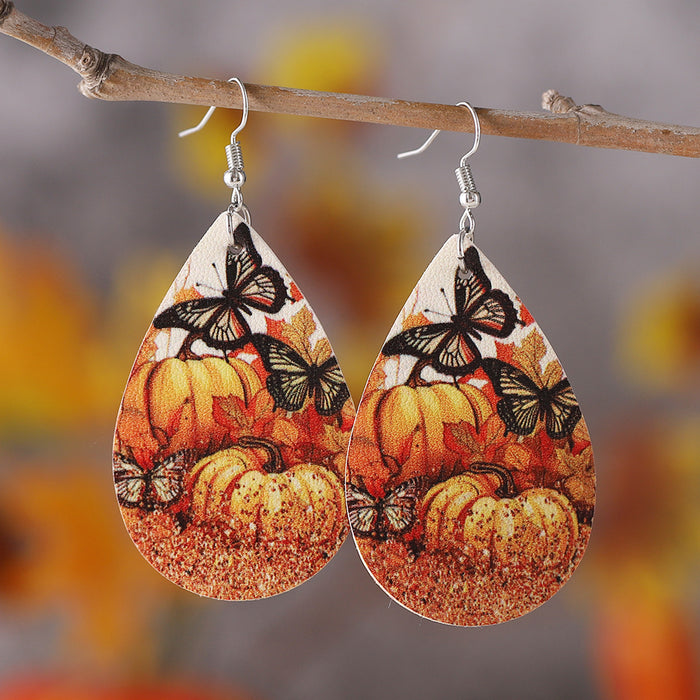 Wholesale Thanksgiving turkey pumpkin maple leaf water drop pu leather earrings