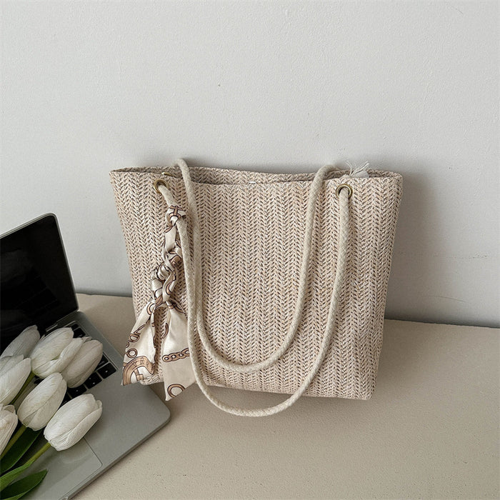 Wholesale New straw woven bag with large capacity, fashionable and simple silk scarf tote bag, shoulder bag