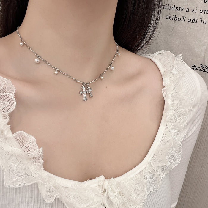 Wholesale Double layered diamond studded cross pearl necklace, niche personality, temperament, high-end feeling, collarbone chain