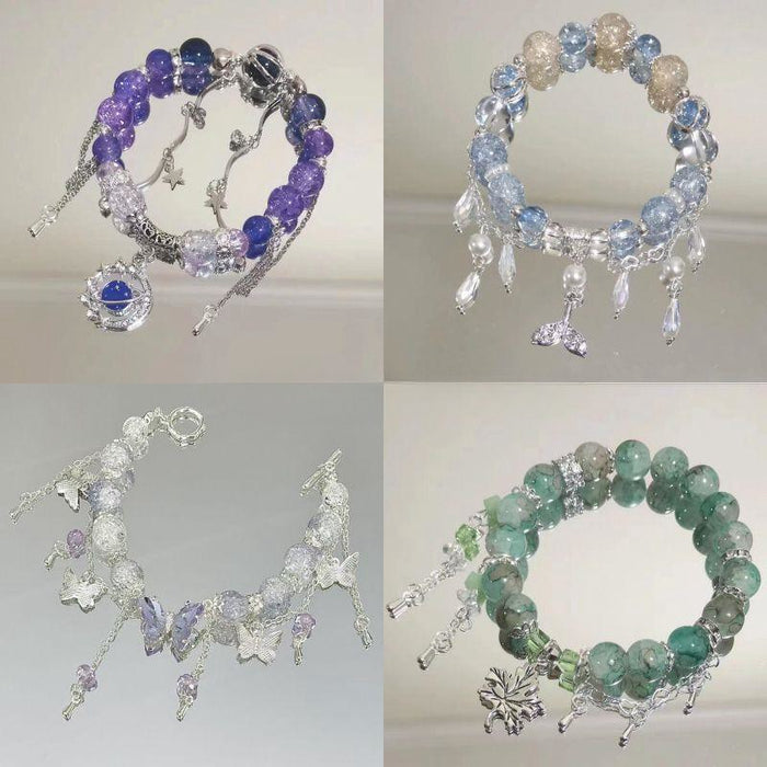 Wholesale Ice transparent purple butterfly tassel bracelet with niche design, handmade bead jewelry