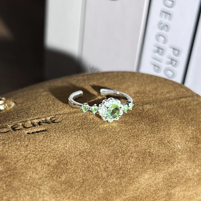 Wholesale Temperament Light Green Zircon Open Ring, niche design, exquisite layering, high-end feeling, light luxury ring