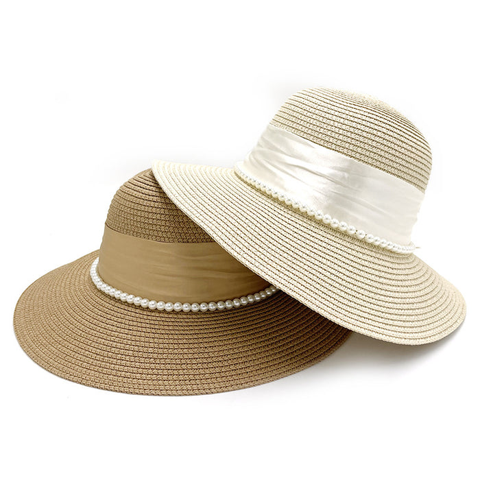 Wholesale Bow Pearl Sun Protection Straw Hat for Women, Summer Sunshade Versatile Hat