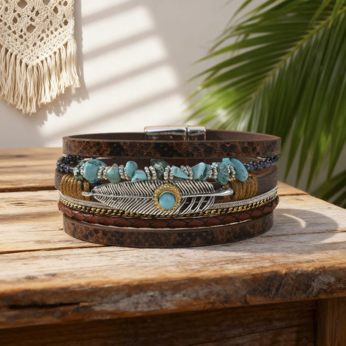 Wholesale Leather Bohemian Turquoise Bracelet with Leopard Print