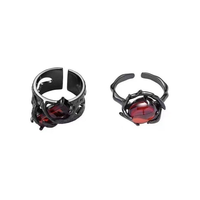 Wholesale Vintage red geometric gemstone design ring, niche personality punk hollow texture metal ring